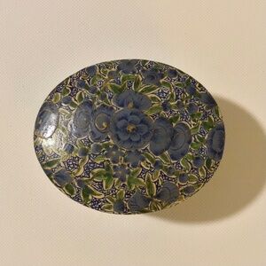 Small Vintage Wooden Box with Blue White and Yellow Floral Pattern Handpainted